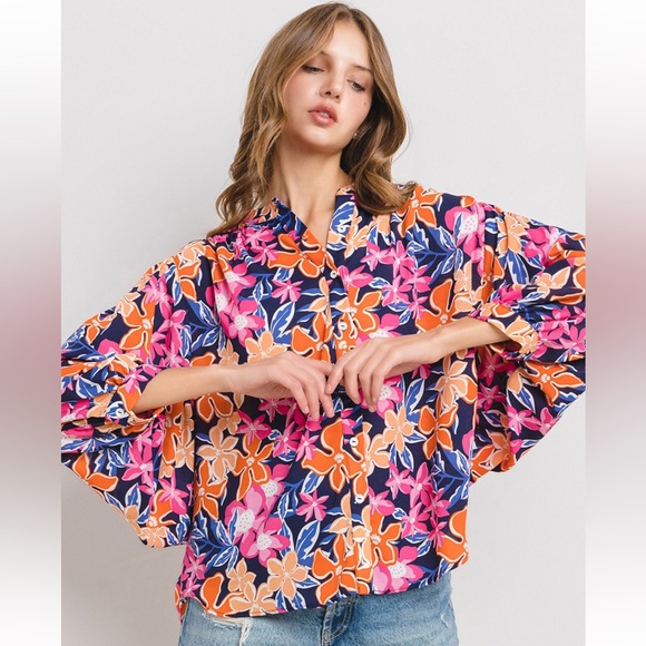 14 Boho Floral Print Button Down Blouse Top - Picture 2 of 7